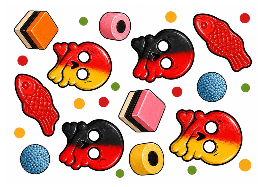 Colorful candy assortment—red fish, licorice allsorts, blue candy dots, and red, yellow, and black skull candies—scattered on white with Blue Spring Swallow Nail Stickers and colored dots.