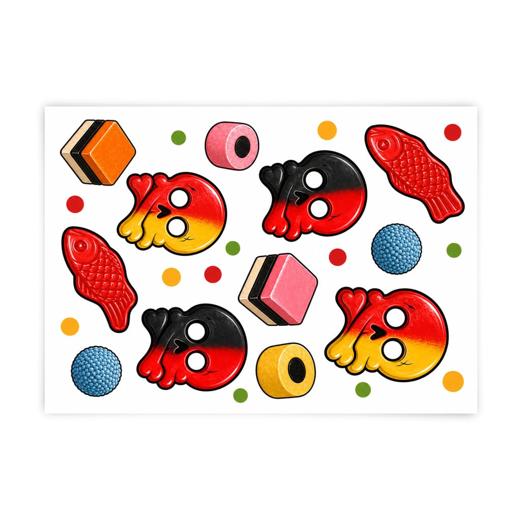 Colorful candies—skull-shaped gummies, red fish gummies, blue round candies, and layered licorice—are scattered on a white background with red, yellow, orange, and green dots accented by Black & White Butterfly Nail Stickers.