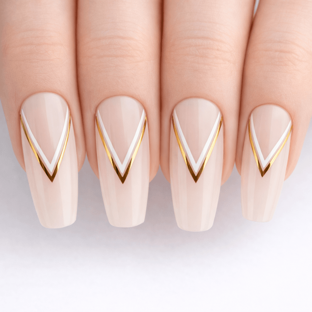 A hand with long, almond-shaped nails featuring a nude base and elegant V-shaped white and gold geometric tips. The nail art is symmetrical and polished, giving a modern, stylish look.