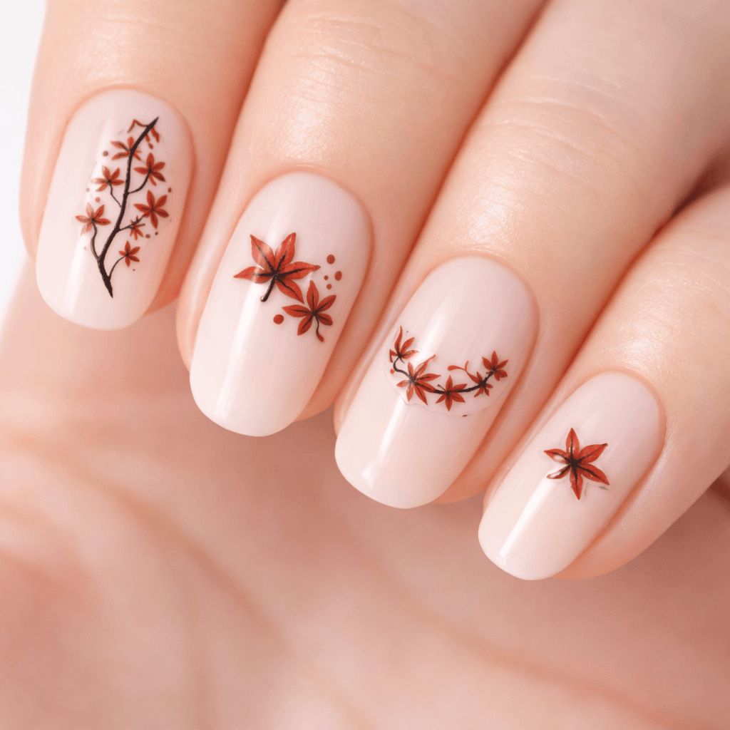 A close-up of a hand with manicured nails, each featuring delicate red floral designs on a pale nude background. The flowers vary in arrangement on each nail, creating an elegant and artistic look.