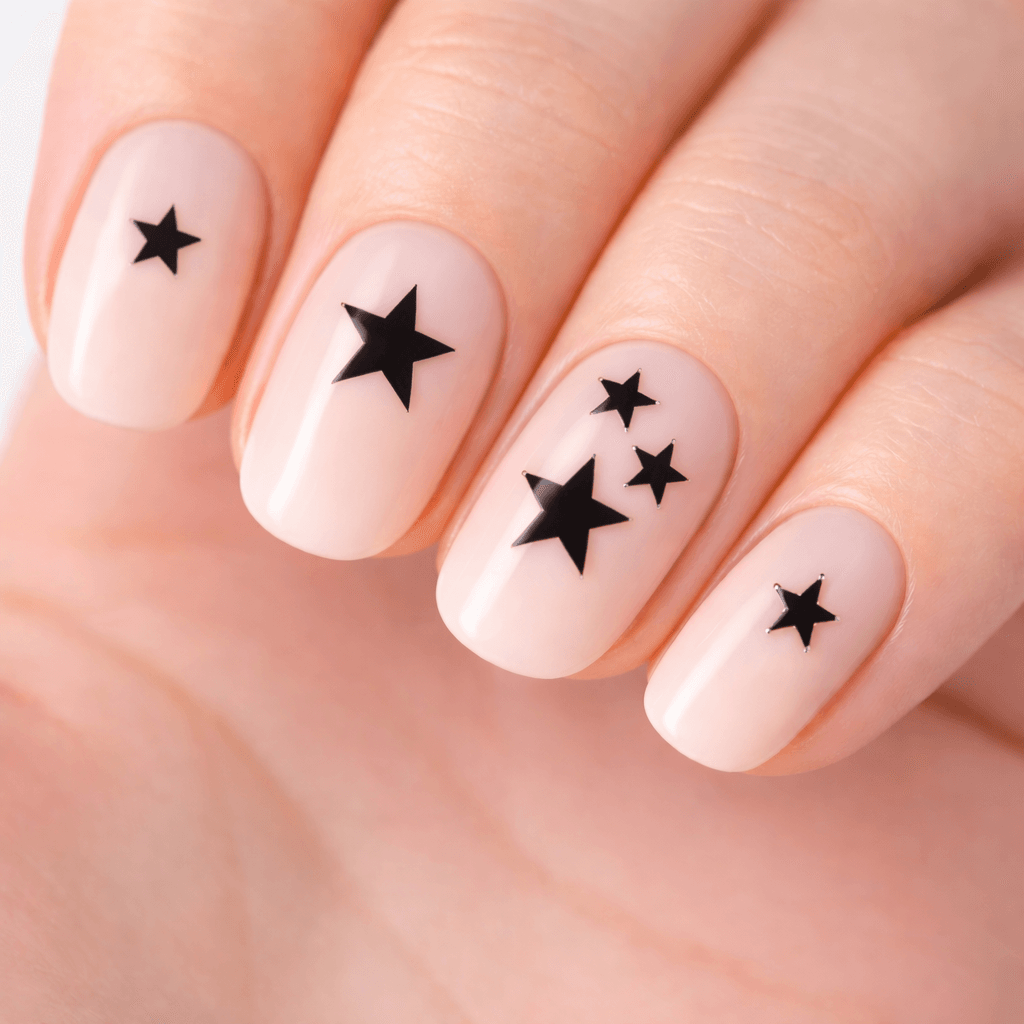A close-up of a hand with pale nude nail polish, each fingernail decorated with small and large black star designs as nail art.