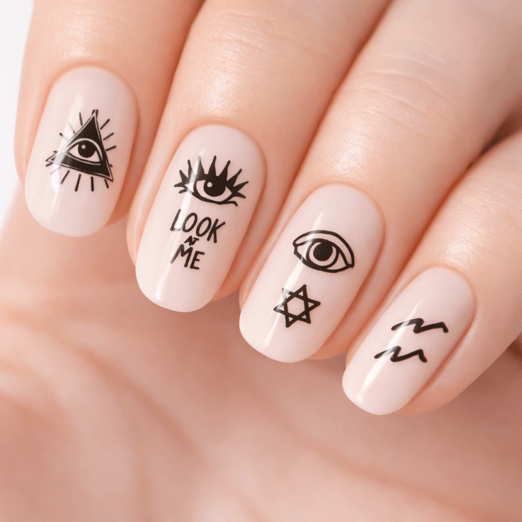 A close-up of a hand with five fingers, each nail painted light pink and decorated with black line art designs, including eyes, a triangle, text reading LOOK ME, a star, and wavy lines.