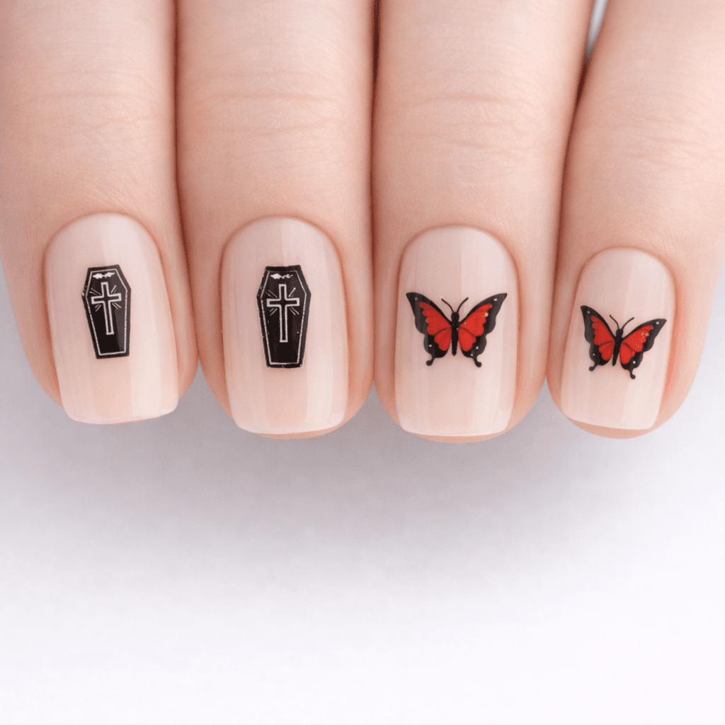 Four fingernails with nude polish feature black coffin and red butterfly nail art; two nails have coffins with white crosses, and two have red butterflies outlined in black.