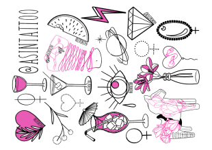 A collection of black and pink line art illustrations including drinks, flowers, an eye, hands, jewellery, a watermelon slice, a heart, a diamond, cosmic symbols, and @ASINTATTOO written vertically on the left.