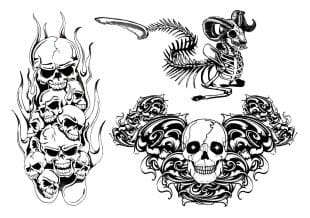 Black and white tattoo-style illustrations of skulls: a stack of flaming skulls, an ornate skull with swirling designs, and a ram's skull fused with a fish skeleton.