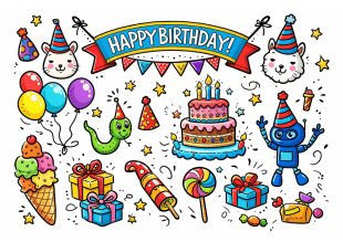 Fargerik bursdagsillustrasjon med kake, ballonger, partyhatter, gaver, iskrem, godteri, en robot, dyr og festlige dekorasjoner. Et "Gratulerer med dagen"-banner øverst med konfetti og serpentiner rundt.