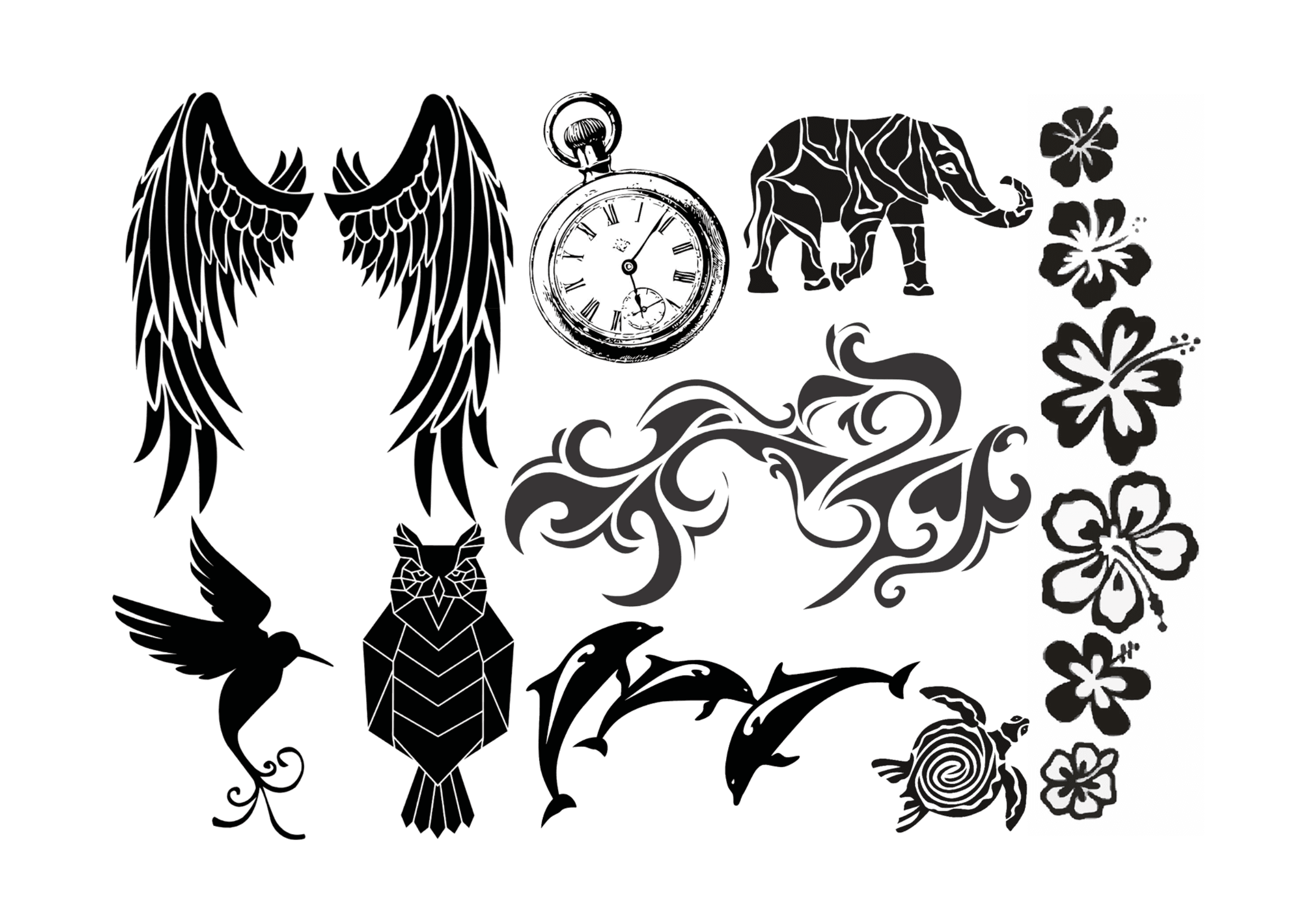 A collection of black tattoo-style designs, including wings, a pocket watch, an elephant, floral patterns, a hummingbird, an owl, dolphins, a turtle, and hibiscus flowers on a white background.