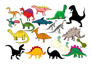 En rekke fargerike tegneseriedinosaurer og dinosaursilhuetter i ulike positurer, inkludert dinosaurer med lang hals, vinger, horn og pigger, samt to babydinosaurer som klekkes ut av egg.
