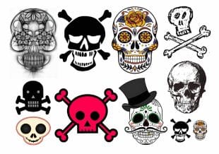A collage of ten skull illustrations in various styles, including cartoon, floral, colourful Day of the Dead designs, traditional skull-and-crossbones, and a skull with a top hat and moustache.
