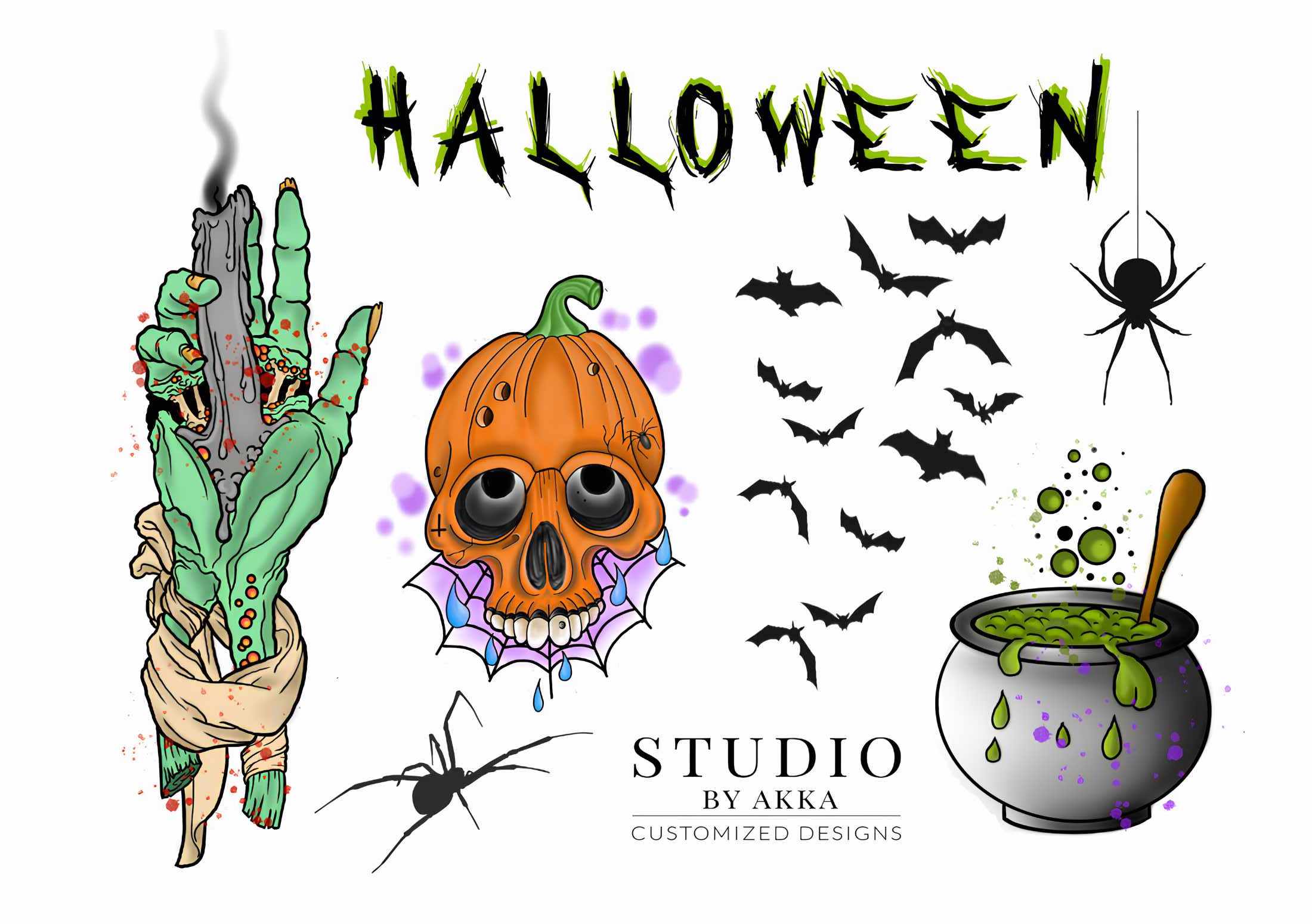 A Halloween-themed illustration with a zombie hand, a pumpkin with a skull face, bats, spiders, and a bubbling green potion in a cauldron. The word HALLOWEEN is written in spooky letters at the top.