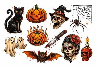 En samling fargerike illustrasjoner med halloween-tema, blant annet en svart katt, gresskarlykter, hodeskaller, spøkelser, en edderkopp, en flaggermus, en blodig kniv, en kvinne med sukkerskallesminke og et stearinlys på en rød hodeskalle.