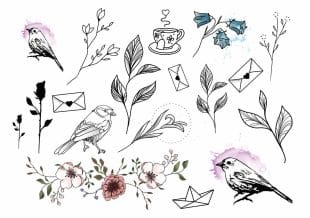 En samling håndtegnede illustrasjoner med blant annet fugler, blader, blomster, konvolutter, en kopp og en papirbåt. Noen av bildene er aksentuert med akvarellfarger i rosa, blått og grønt.