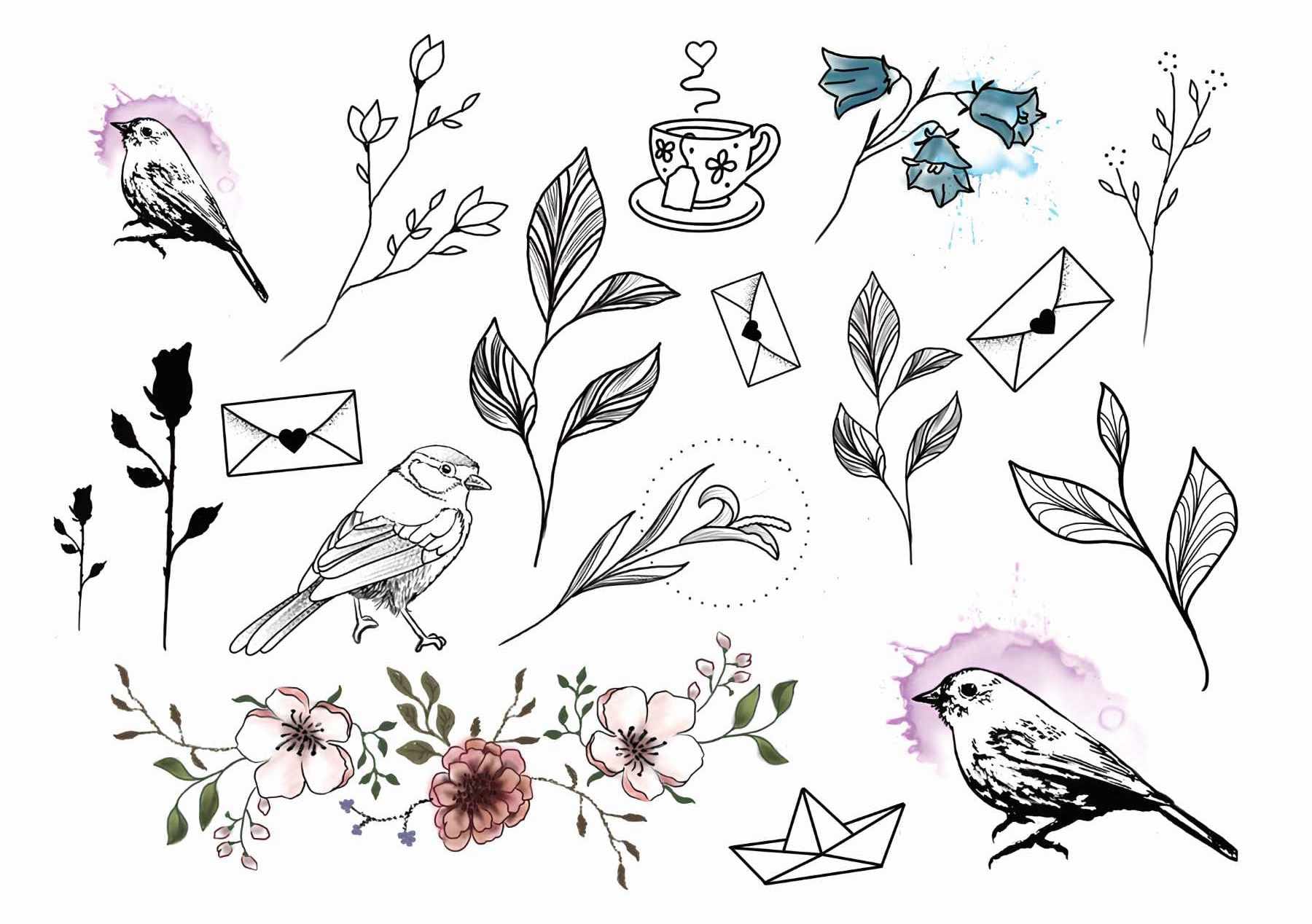 A collection of hand-drawn illustrations including birds, leaves, flowers, envelopes with hearts, a teacup, and a paper boat, some with watercolor accents in pink, blue, and green.