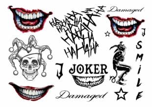 En collage med uhyggelig glisende munner, HAHAHA-tekst, JOKER, Damaged, SMILE, en hodeskalle i narrehatt, en narrefigur og ulike stjerner, som minner om et Joker- eller skurketema.