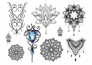 A collection of ornate, black-and-white mandala and floral tattoo designs, including a large blue gemstone with metallic accents and drop shapes, surrounded by intricate line patterns and symmetrical motifs.