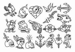 A collection of black and white traditional tattoo flash designs, including animals, skulls, hearts, roses, anchors, ships, a gun, knife, and a woman’s portrait. All drawings are bold and outlined.