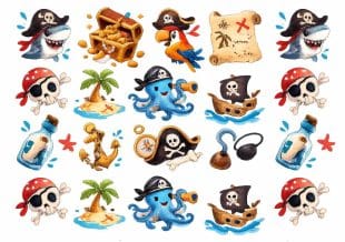Finurlige illustrasjoner med sjørøvertema, blant annet haier med hatter, skattekister, papegøyer, kart, hodeskaller, sjørøverskip, blekkspruter med hatter, ankere, flasker og palmer, alt mot en hvit bakgrunn.