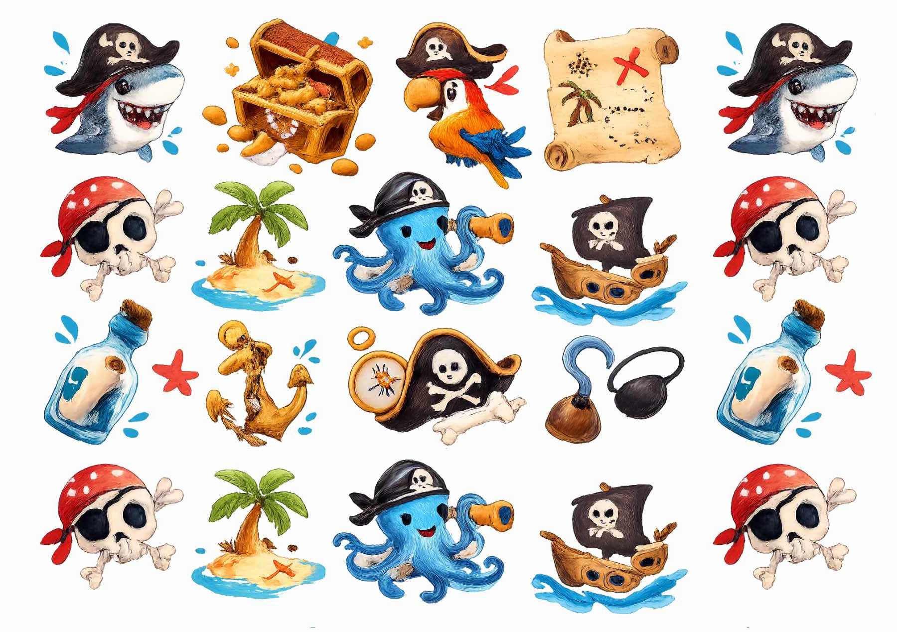 A pattern of colorful cartoon pirate-themed illustrations, including sharks with hats, treasure chests, maps, parrots, pirate skulls, islands, octopuses, ships, bottles, anchors, compasses, and cannonballs.