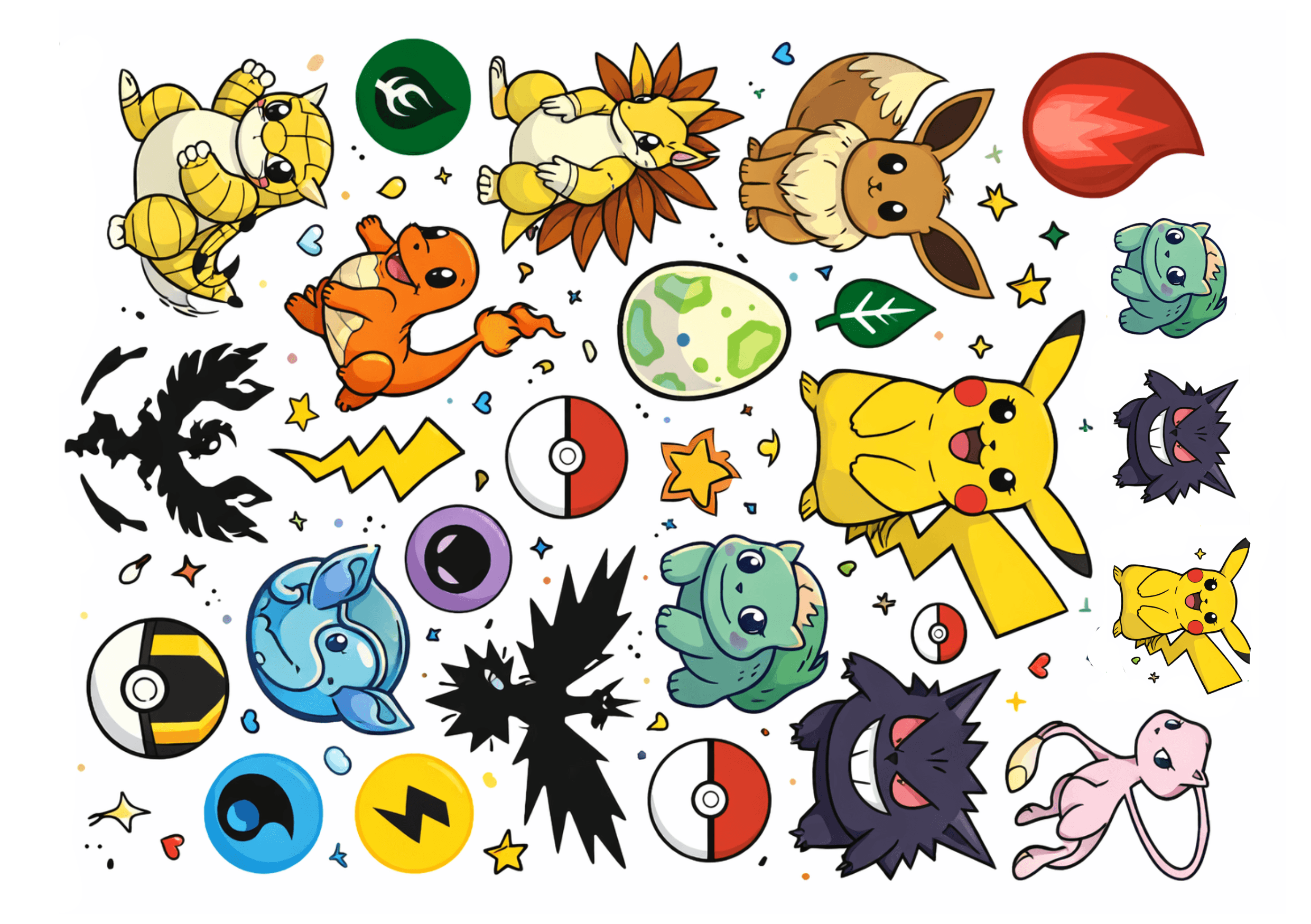 Colorful collage of various Pokémon characters, Poké Balls, energy symbols, and stars on a white background. Featured Pokémon include Pikachu, Charmander, Eevee, Bulbasaur, and Mew, among others.