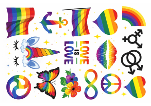 En fargerik collage med symboler for LHBTQ+-stolthet, inkludert regnbueflagg, hjerter, en enhjørning, lepper, sommerfugl, blomster, fredstegn, uendelighetssymbol og Love is Love-tekst, alle med regnbuefarger.