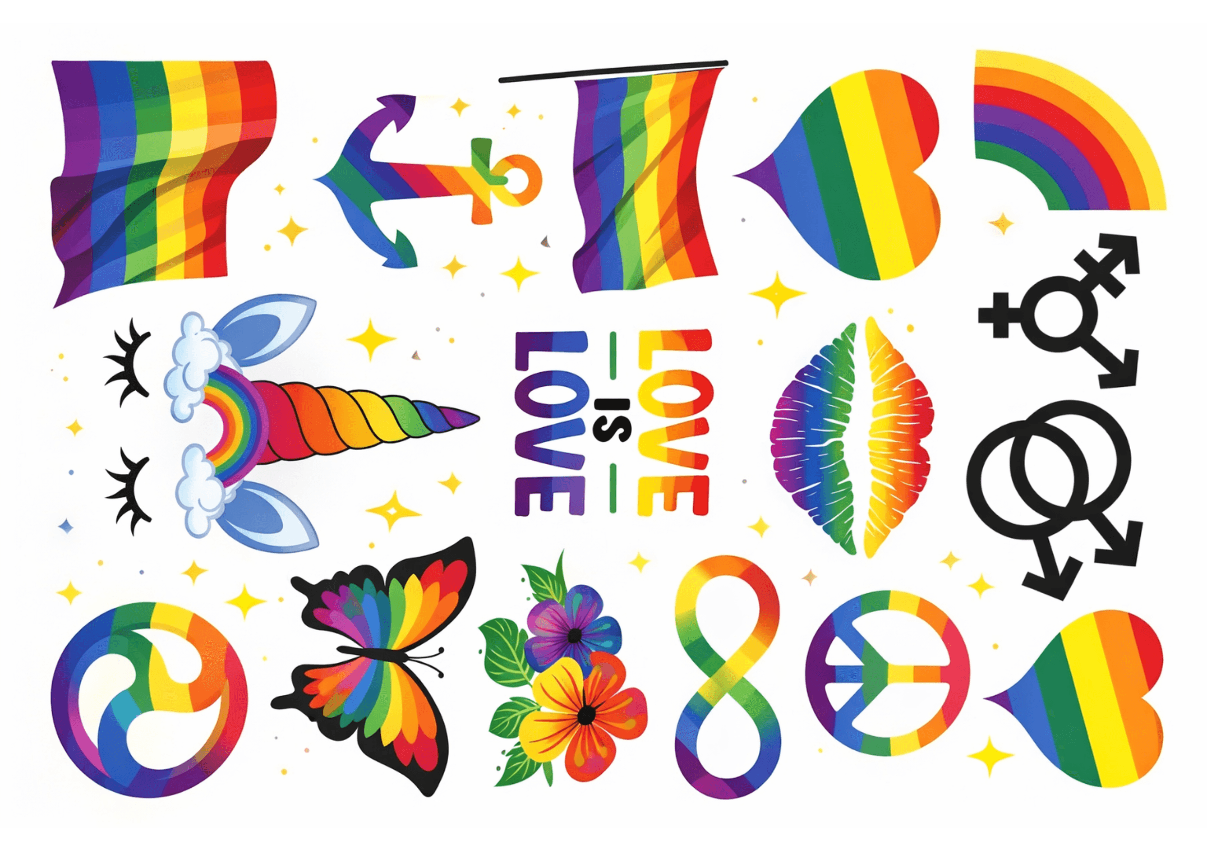 A collection of colorful LGBTQ+ pride symbols including rainbow flags, hearts, unicorn, infinity sign, butterfly, flowers, peace sign, lips, anchor, trans and gender symbols, with LOVE IS LOVE in rainbow letters.