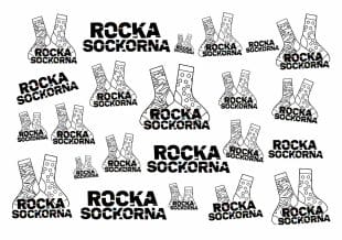 A pattern featuring pairs of outlined socks with different designs and the text ROCKA SOCKORNA in bold, black capital letters, repeated multiple times on a white background.