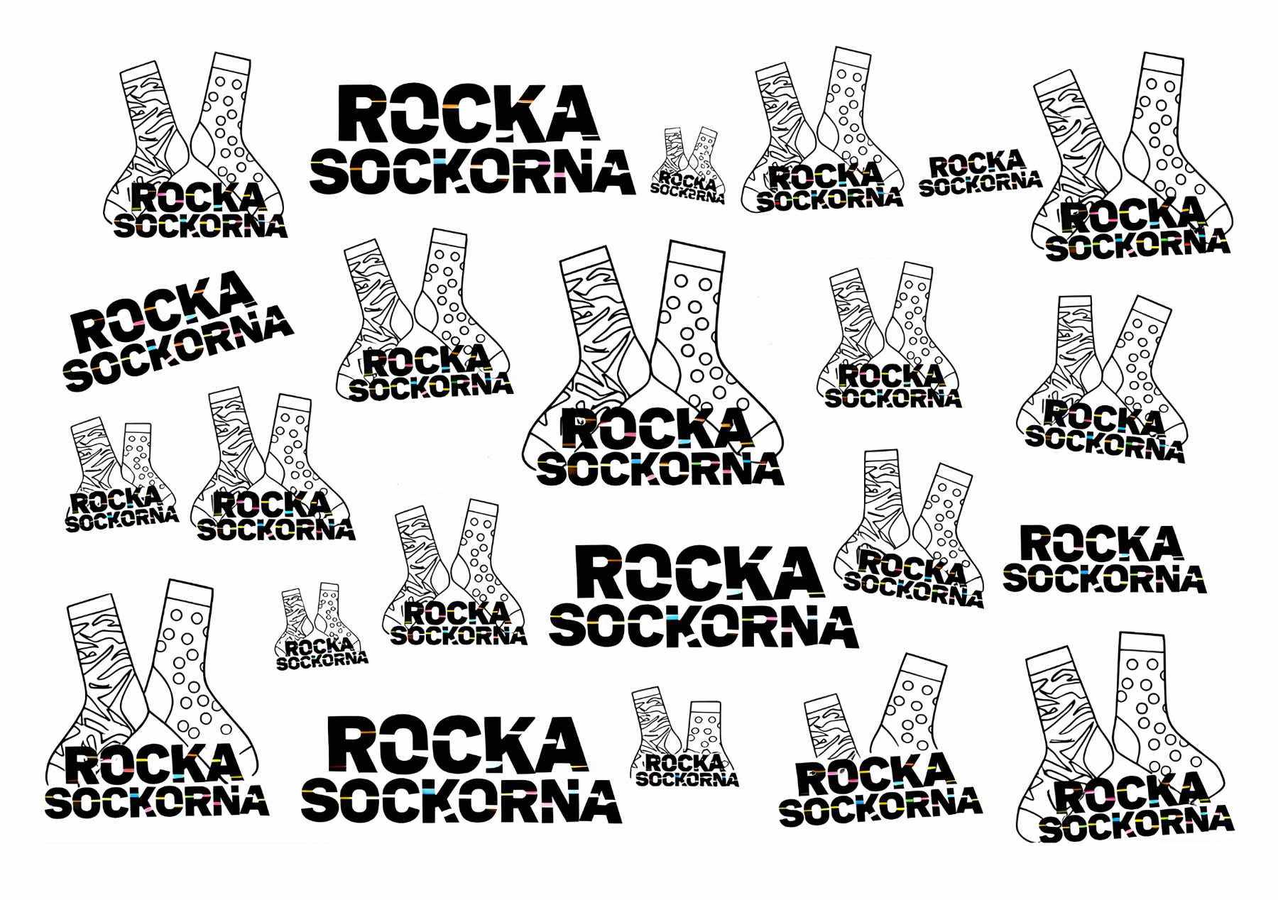 A pattern of black-and-white illustrations of socks in different designs, paired with the text “ROCKA SOCKORNA” in various bold fonts, scattered across a white background.