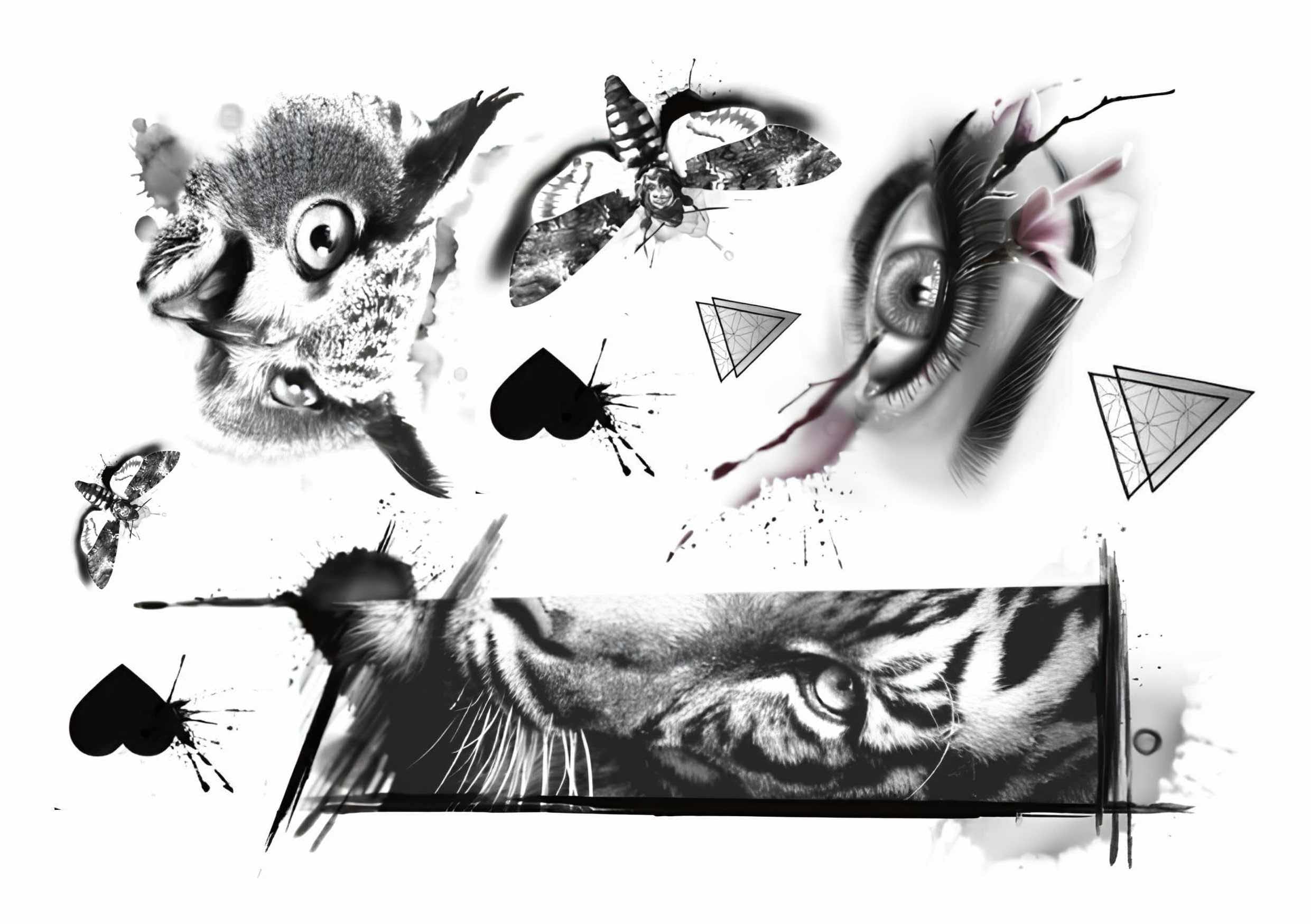 Black and white collage featuring an owl, tiger eyes, moths, a human eye, ink splatters, hearts, and geometric shapes on a white background, blending realism with abstract design elements.