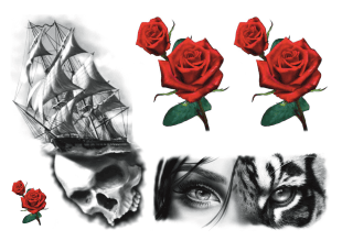 En collage med et seilskip, to røde roser, en hodeskalle med en rose og et nærbilde av en kvinnes øyne ved siden av et tigerøye, alt i en realistisk svart-hvitt-stil, bortsett fra de levende røde rosene.