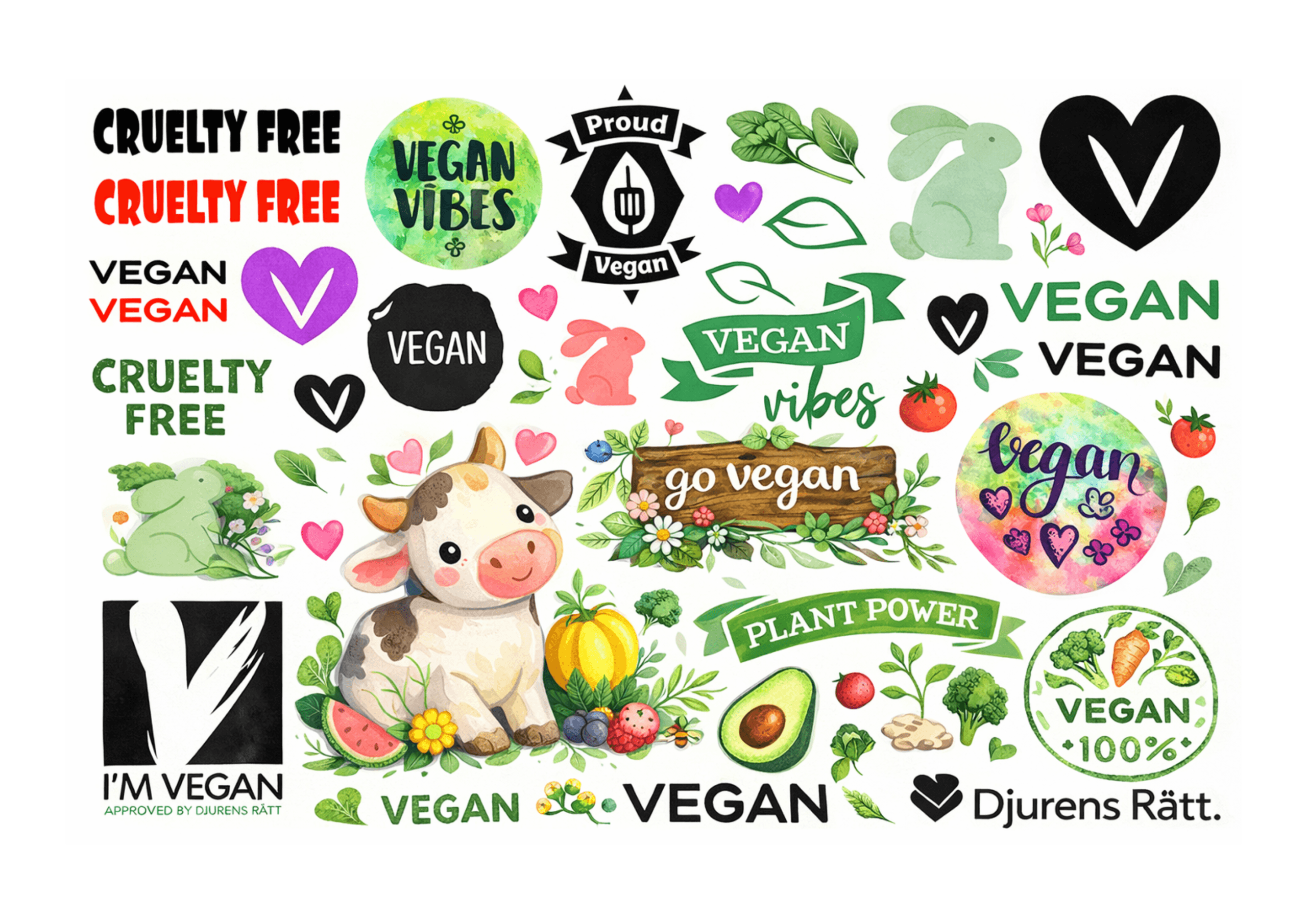 A colorful collage of vegan-themed illustrations and text, including a cute cow, vegetables, hearts, and phrases like Vegan, Go Vegan, Cruelty Free, Vegan Vibes, and Plant Power.