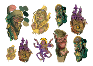 A collection of whimsical, colourful fantasy character illustrations, including a monkey with multiple arms, a pig in goggles, a pirate, and fish intertwined with haunted castles. A palette of green and yellow swatches is also shown.
