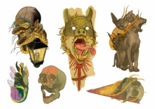 A collection of surreal, tattoo-style illustrations featuring a horned rat with a lantern, a bleeding wolf head with glowing eyes, a two-headed cat, a feathered dagger, a skull, and a snarling beast with fire.