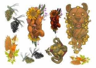 En samling livlige dyre- og naturillustrasjoner, blant annet ekorn med solsikker, en bjørn med gule blomster, fugler, kolibrier, kongler og en sammenrullet slange omgitt av blader og blomster.