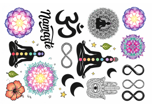 A collection of yoga and meditation-themed illustrations, including lotus mandalas, chakras, silhouettes meditating, the word “Namaste”, the Om symbol, Hamsa hand, infinity signs, leaves, a hibiscus flower, and crescent moons.