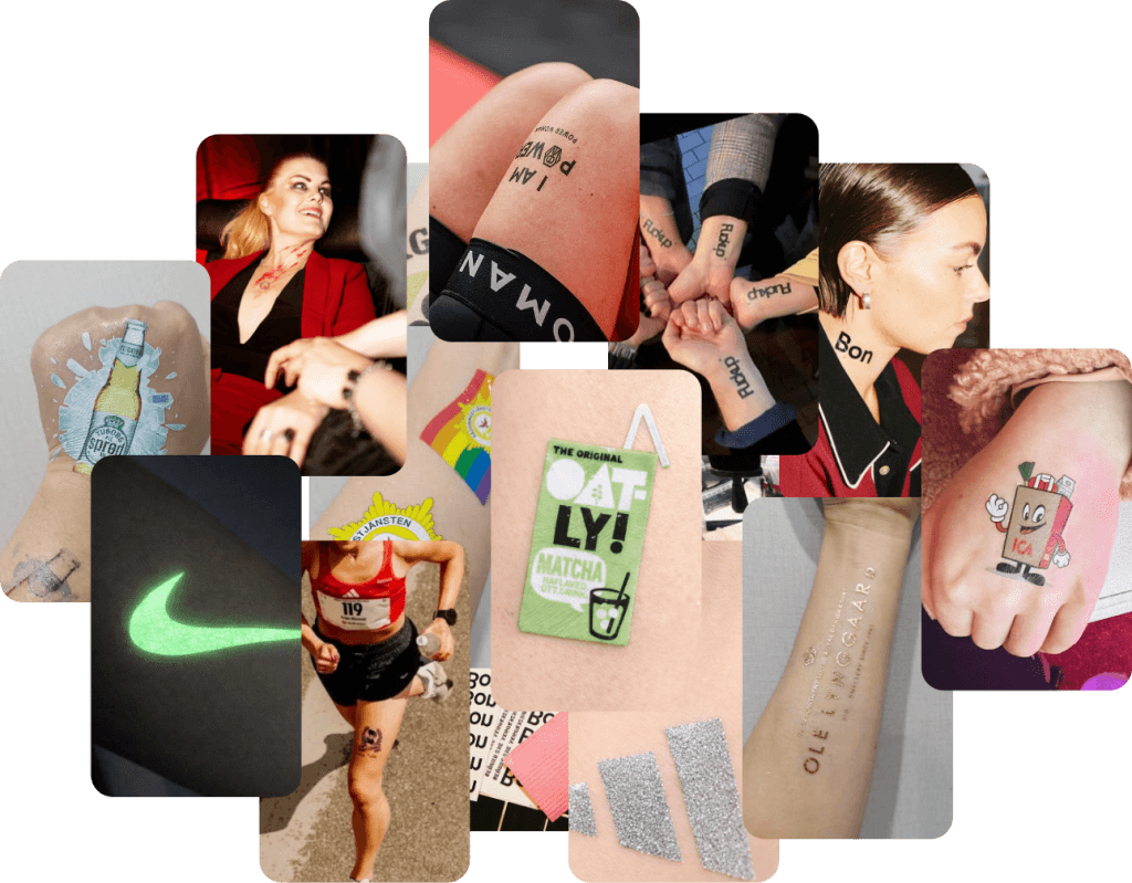 A collage of various people showing temporary tattoos on their skin, including designs like a Nike swoosh, cartoon characters, text, product logos, and a running number bib.