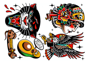 Colourful traditional tattoo-style illustration featuring a roaring black panther, a woman’s profile with a headscarf, a bald eagle, a cartoonish avocado, and two playful dogs with a sausage labelled Wiener.