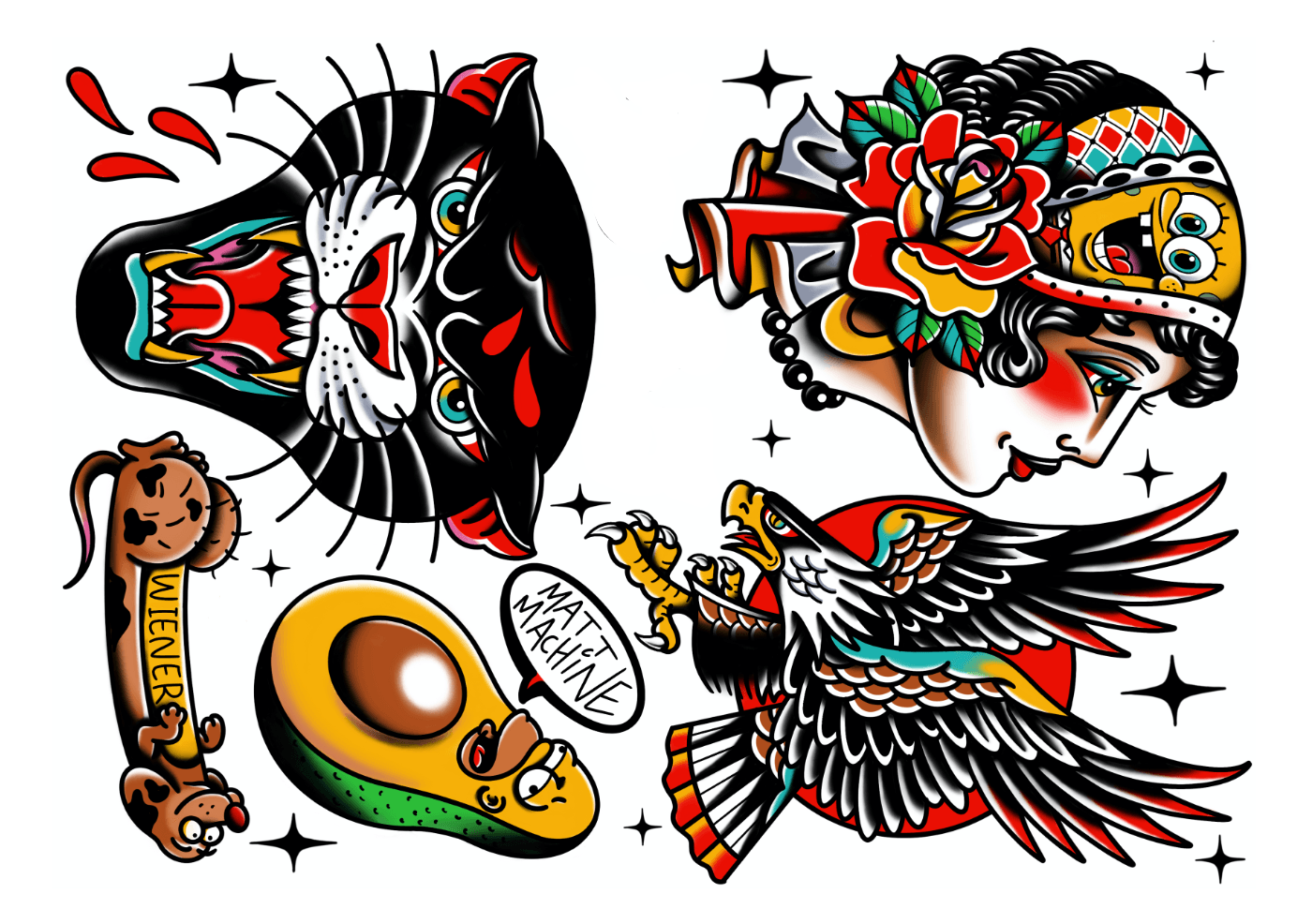 A collection of traditional-style tattoo flash designs featuring a snarling black panther, a womans head with a floral headdress, an eagle, a cartoon avocado, and a dog with a bone labeled Wiener.