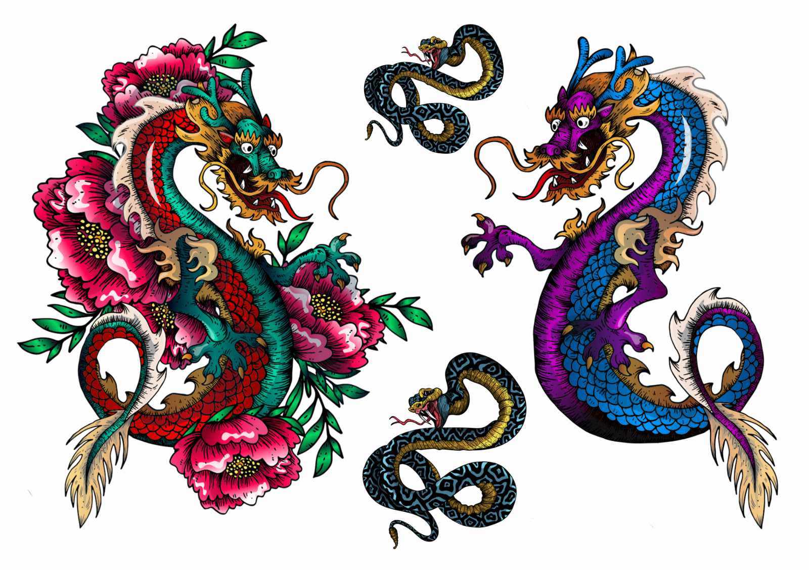 Two colourful Chinese dragons with intricate scales and flowers face each other, while two detailed black and gold snakes are positioned between them on a white background.