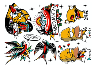 Colourful tattoo-style illustrations including birds, flowers, a heart with Fäbodjäntan text, and two cartoon heads labelled sober and drunk showing different facial expressions.