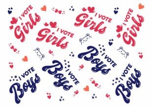 The image shows the phrases I VOTE Girls in pink and I VOTE Boys in blue, repeated multiple times with hearts, stars, and smiley faces scattered throughout on a white background.