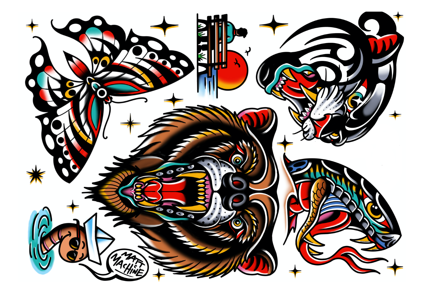 Colorful tattoo flash sheet featuring a bear, butterfly, tiger, snake, sunset with a fence, and a cartoonish coffee cup with a speech bubble saying Mean Machine, all in bold, traditional tattoo style.