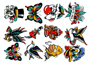 Colourful tattoo-style illustrations, including skulls, a butterfly, eagles, a bird, a heart, a flower with F**K YOU text, a dagger, a hydrant with a dog, a cartoon man, and a cartoon duck head.