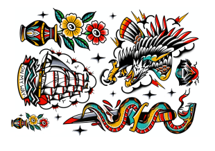 A set of colourful traditional tattoo designs featuring a vase with flowers, a sailing ship, a fierce eagle head, a coiled snake with a dagger, and scattered small stars.