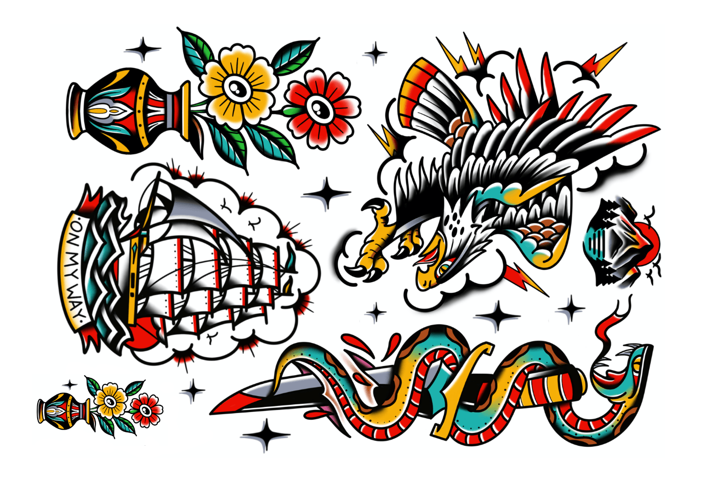Bold, colorful tattoo-style illustrations featuring flowers, a vase, a sailing ship, a fierce eagle head, a coiled snake with a dagger, a diamond, and scattered sparkles on a white background.