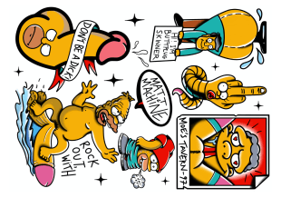 A collection of colourful cartoon-style drawings featuring humorous and irreverent Simpsons-inspired characters, including a phallic shape, Moe with a bat, Grandpa surfing, a worm flipping the finger, and various bold text captions.