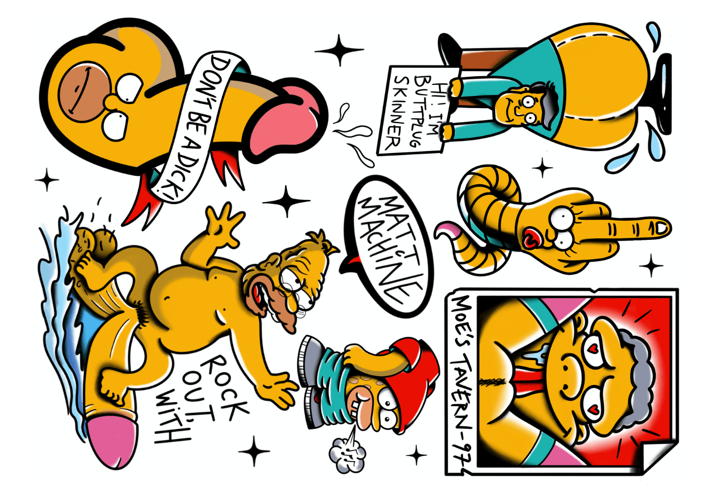 Cartoon drawings of Simpsons characters in humorous and irreverent scenarios, including Grandpa Simpson surfing, Skinner with his butt exposed, and Moe in a tattoo-style frame labeled Moes Tavern-97.