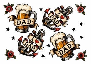 Tattoo-style drawings of beer tankards and anchors with banners reading Dad and I ♥ Dad. Surrounded by red flowers and black stars on a white background.