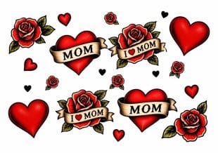 Tattoo-style illustrations of red hearts and roses. Some hearts have banners reading MUM or I ♥ MUM. Smaller hearts and roses are scattered around on a white background.
