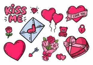En samling fargerike illustrasjoner med Valentines Day-tema, blant annet hjerter, ballonger, en rose, en bukett, et kjærlighetsbrev, en teddybjørn, en diamant, en lås og tekst som sier KISS ME og I LOVE YOU.
