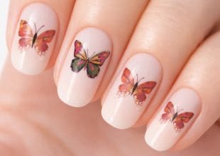 Close-up of fingernails with a light pink base and colourful butterfly nail art on each nail. The butterflies are detailed in shades of orange, pink, and green.